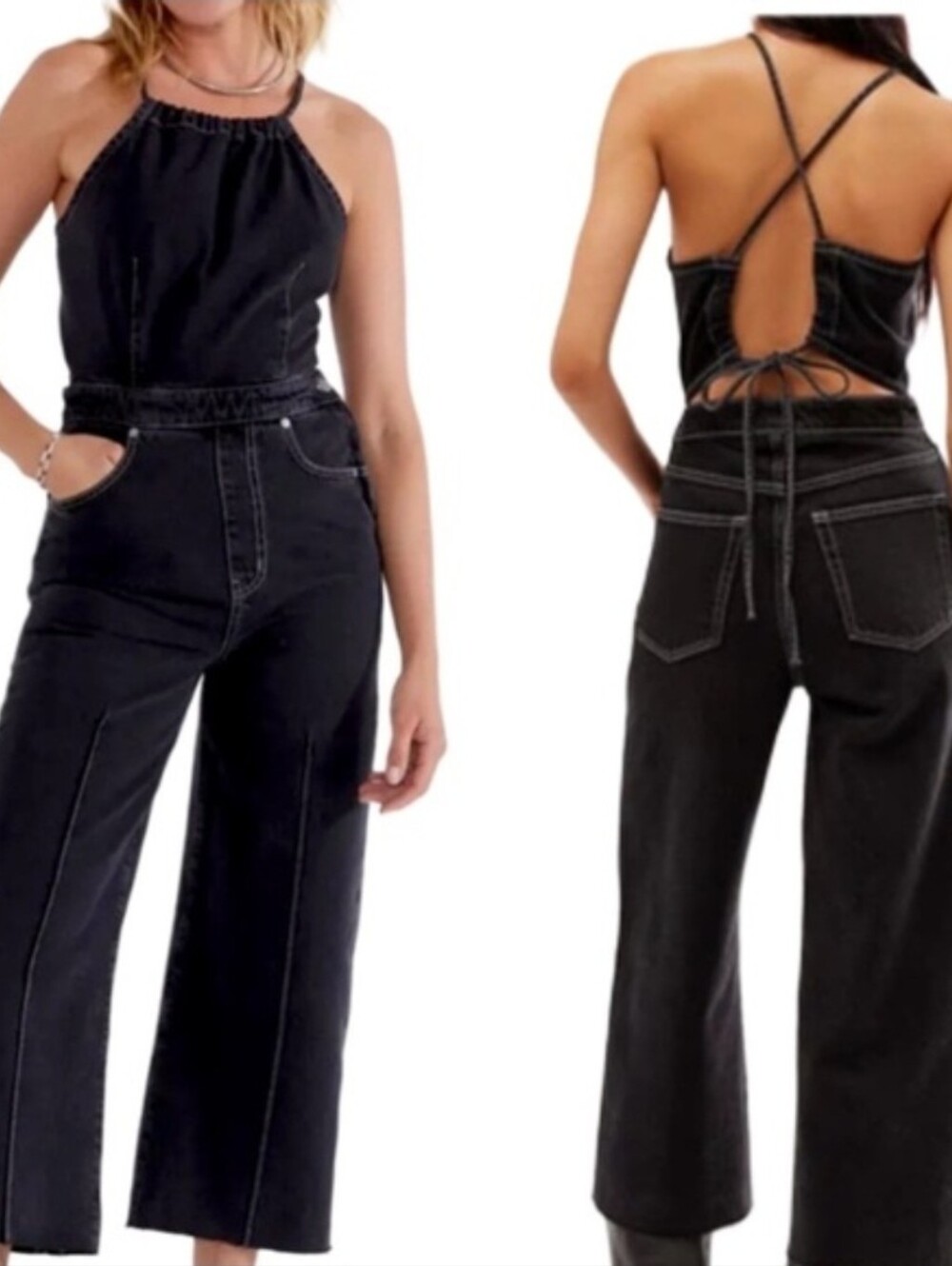 NWT Etica Cami Halter  Denim Jumpsuit Size Large
